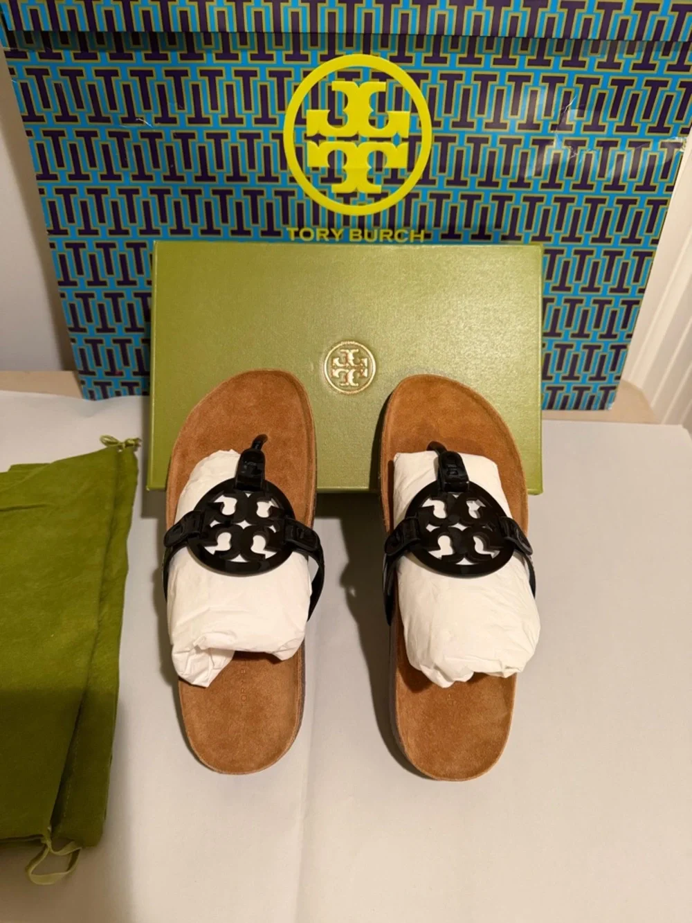 Tory Burch Miller Cloud Black Patent Logo Thong Sandals with Brown Suede Footbed